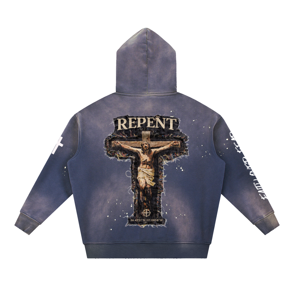 Vintage Washed Frayed Fleece Hoodie
