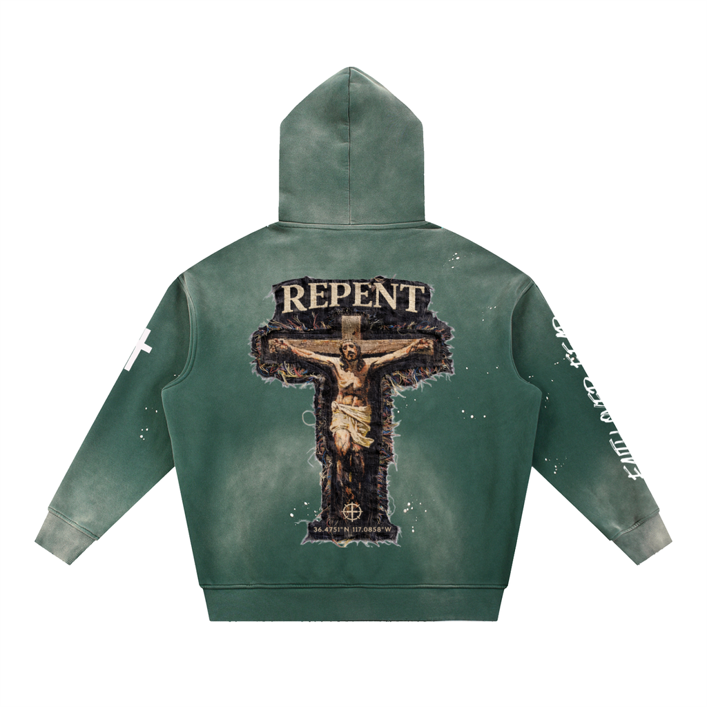 Vintage Washed Frayed Fleece Hoodie